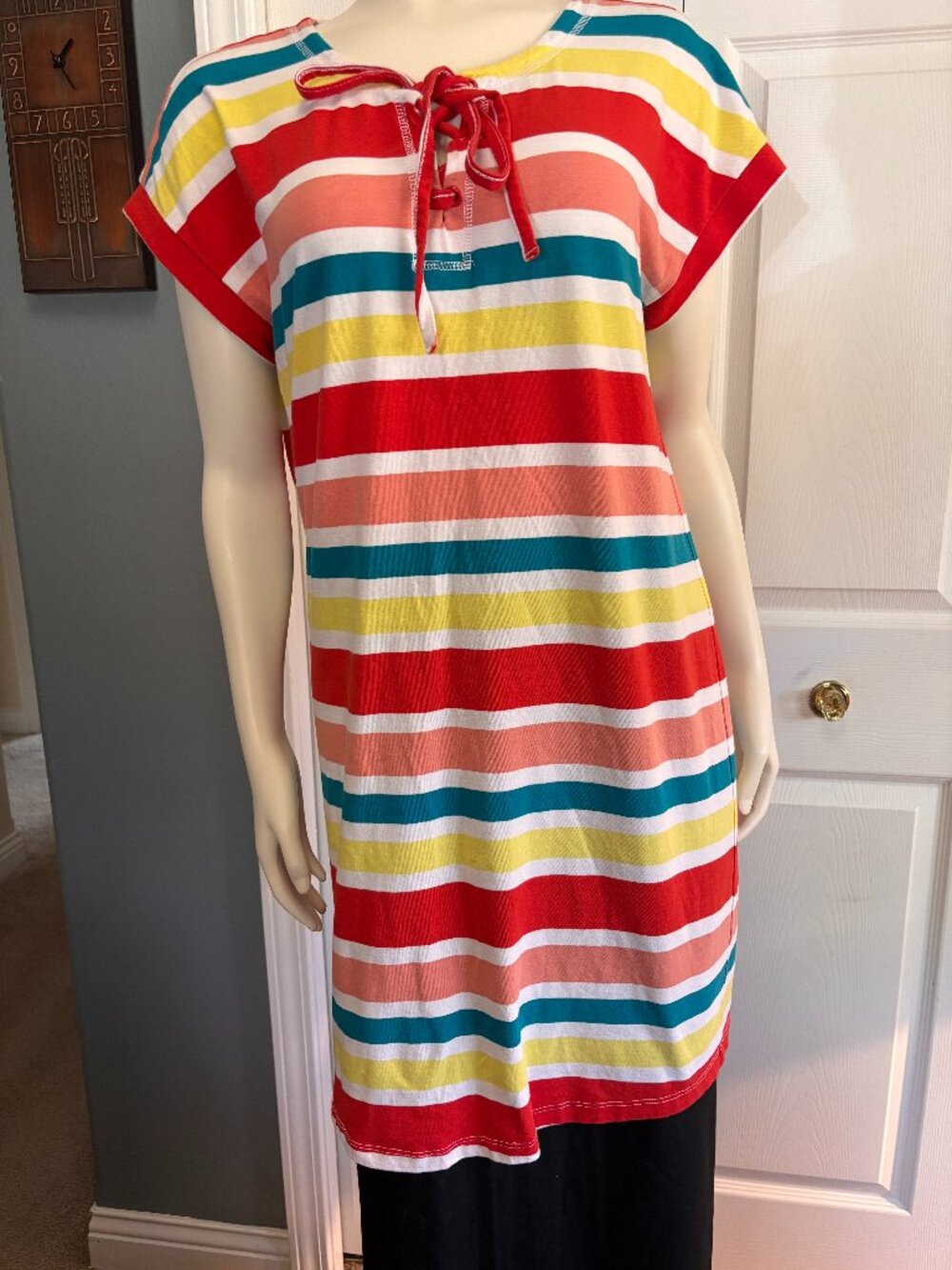St John’s Bay Striped Dress Size Medium Tie Neck Casual Colorful
